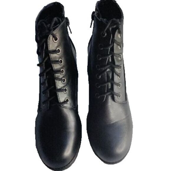 Soda Boots Womens 9.5 Casual Lace Up Zip Ankle Bootie Black Faux Leather Heels - Picture 4 of 4